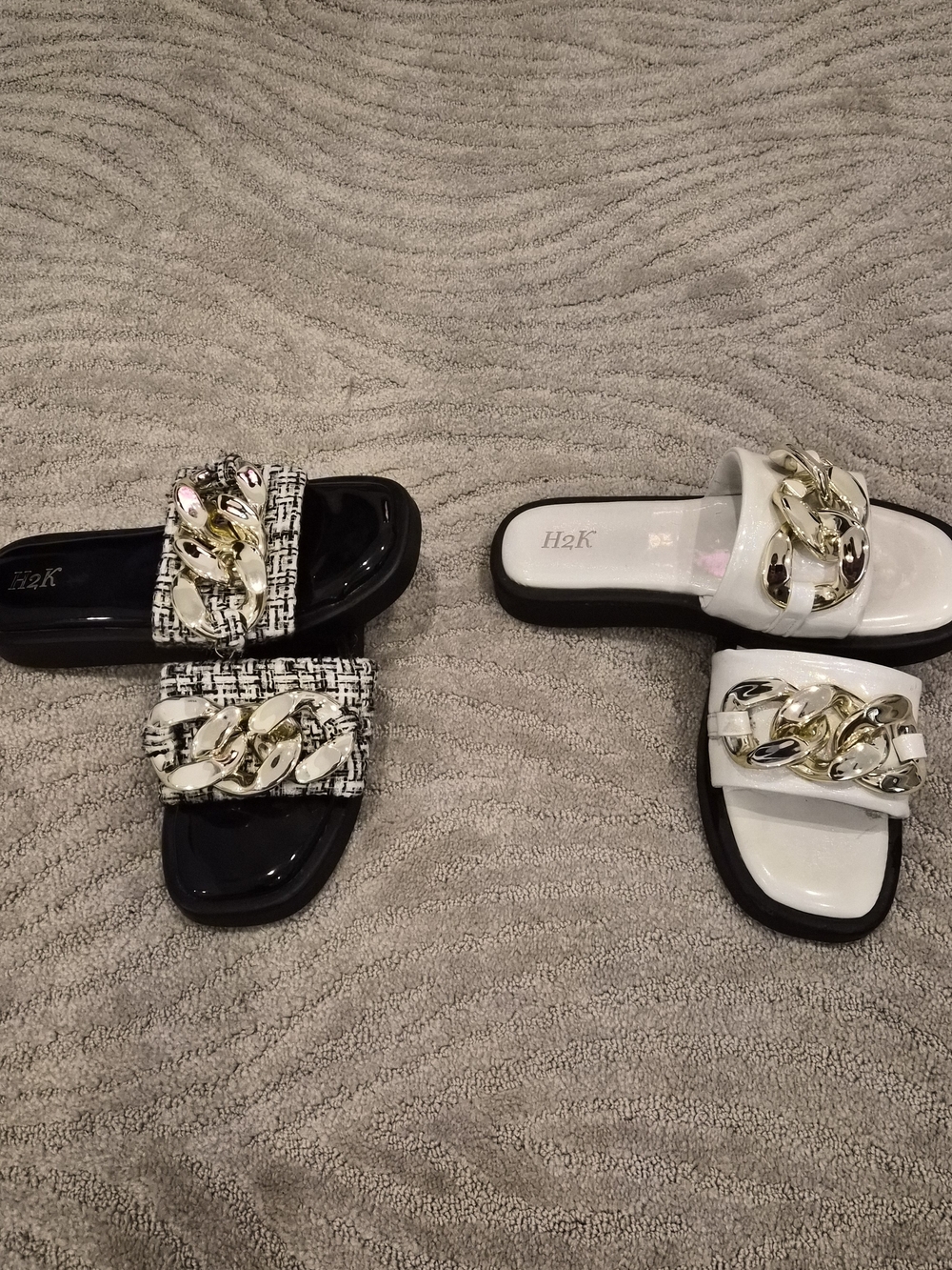2 Pair - H2K Women's White/ and White- Black Chain-Accent Slide Sandals - Size 8